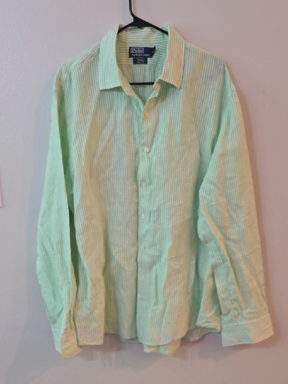 100% Linen Polo Ralph Lauren XXL Men's Light Green Striped Button-Down Shirt